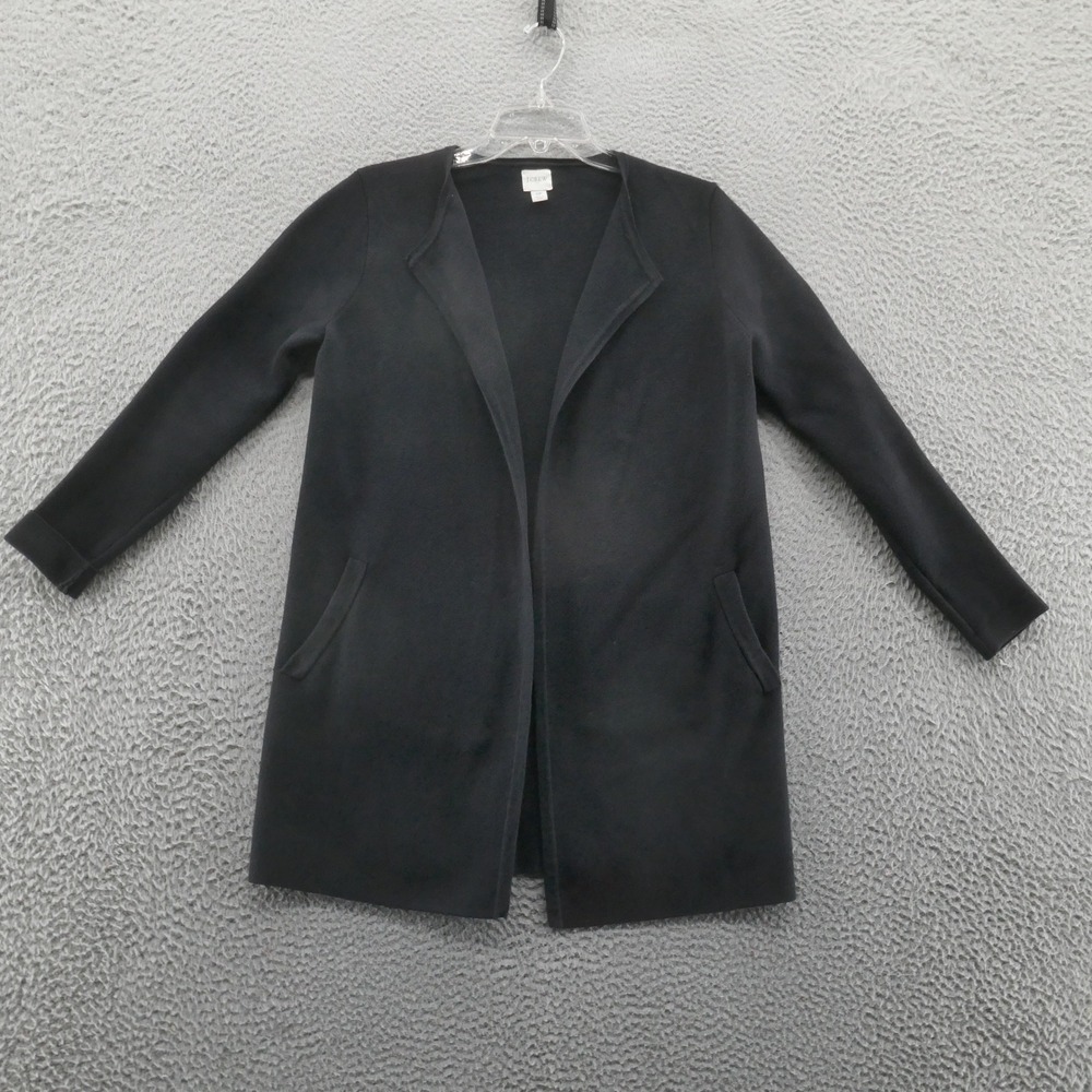J Crew Womens Open Cardigan Jacket Small Petite Black Long All Cotton Pockets